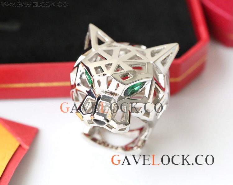 Replica Panthere Cartier Silver Ring Green Eye